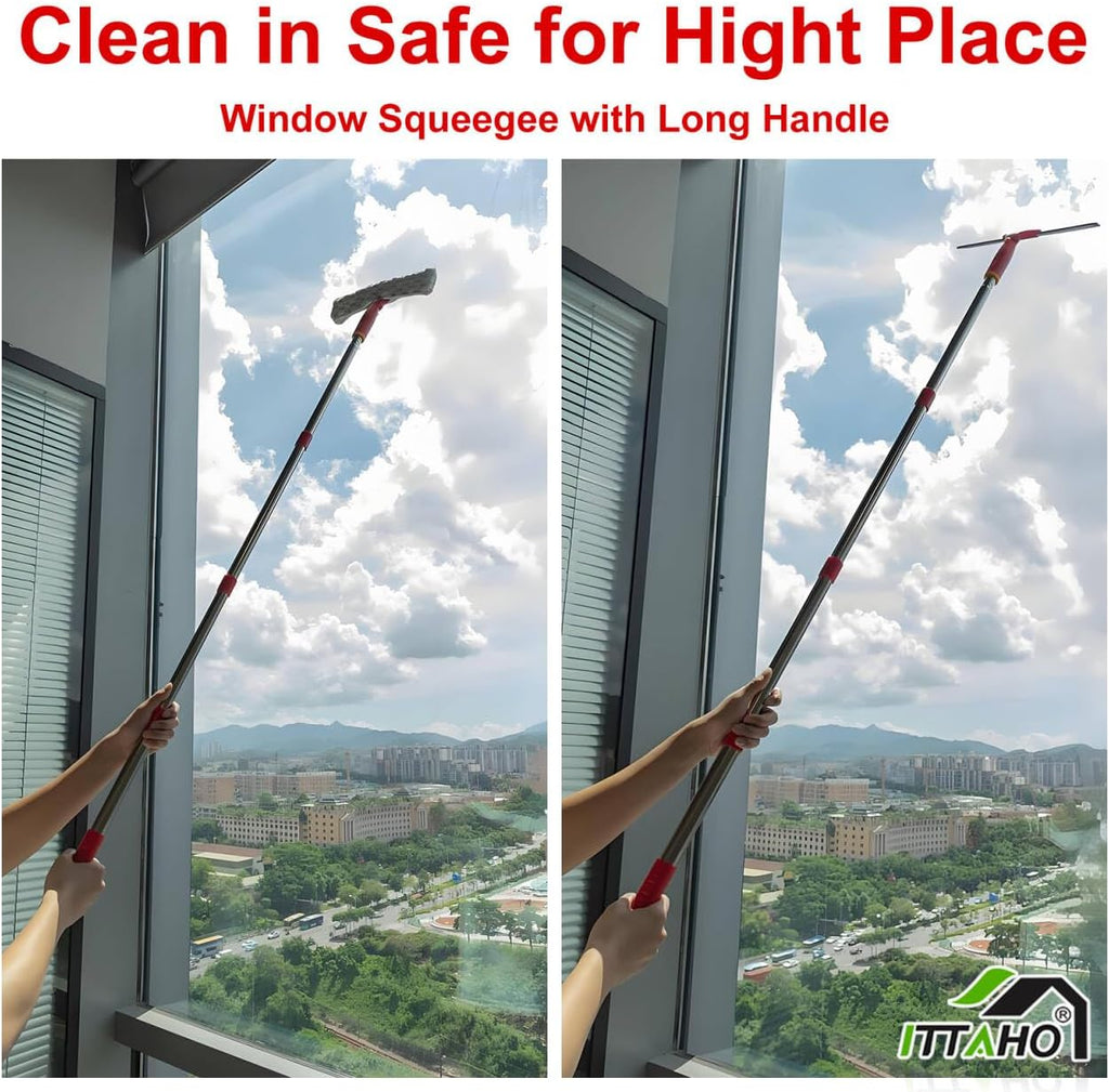 ITTAHO Squeegee for Window Cleaning, 12" Squeegee and 11" Microfiber Scrubber Combi with Stainless Steel Pole, Extendable Window Cleaner for Car, Sliding Door, Shower Glass Door-Swivel Style-2 Pads
