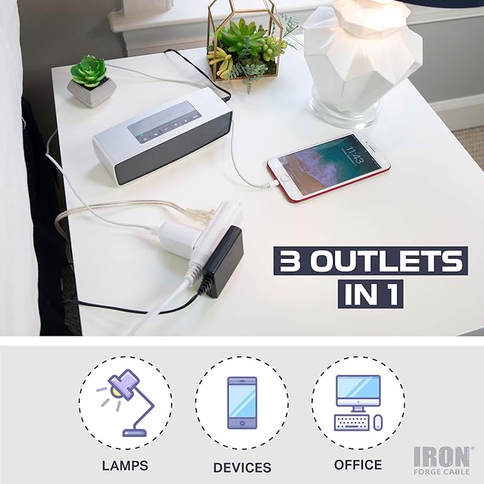 Iron Forge Cable 8 ft Flat Plug White Extension Cord with 3 Outlets - 16/3 SJTW 3 Prong Indoor Extension Cord with Multiple Outlets