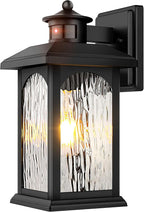 Motion Sensor Outdoor Wall Lantern, Updated Dusk to Dawn Outdoor Lighting, Exterior Light Fixtures, Black Porch Lights & Outside Wall Sconces with Water Rippled Glass for Patio Garage Entryway House