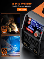 225 Amp Stick Welder with Large LCD Display, Digital IGBT Inverter, 110V/220V Portable Stick Welding Machine. Features include Dual Voltage, Hot Start, Arc Force, Anti-Stick, and VRD Protection