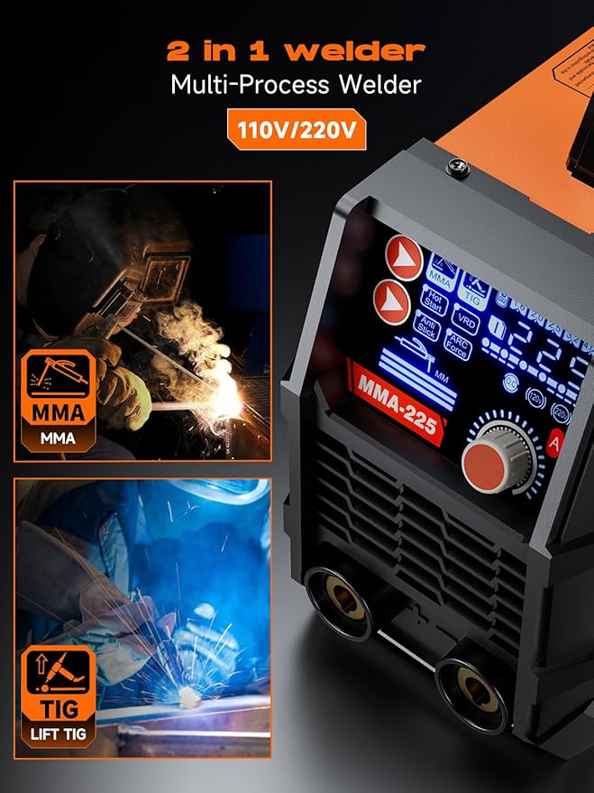 225 Amp Stick Welder with Large LCD Display, Digital IGBT Inverter, 110V/220V Portable Stick Welding Machine. Features include Dual Voltage, Hot Start, Arc Force, Anti-Stick, and VRD Protection