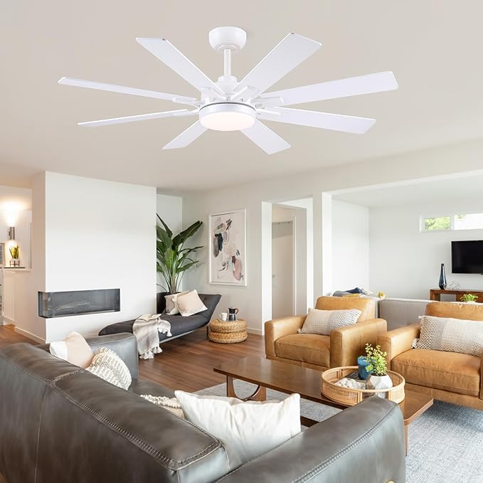 52 Inch Ceiling Fans with Lights and Remote/APP Control, Modern Ceiling Fan for Bedroom Living Room Patio Porch Indoor Outdoor, 6 Speeds, Reversible Quiet Motor, 8 Wood Blades, White