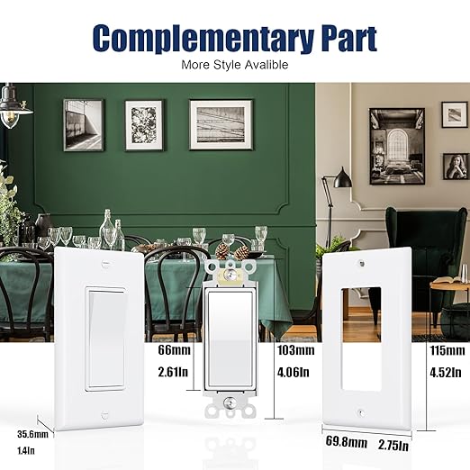 ThunderWay Single Pole Decorator Wall Light Switch with Wall Plate, 15A 120V/277V, On/Off Paddle Switch, Residential Grade - UL Listed, White