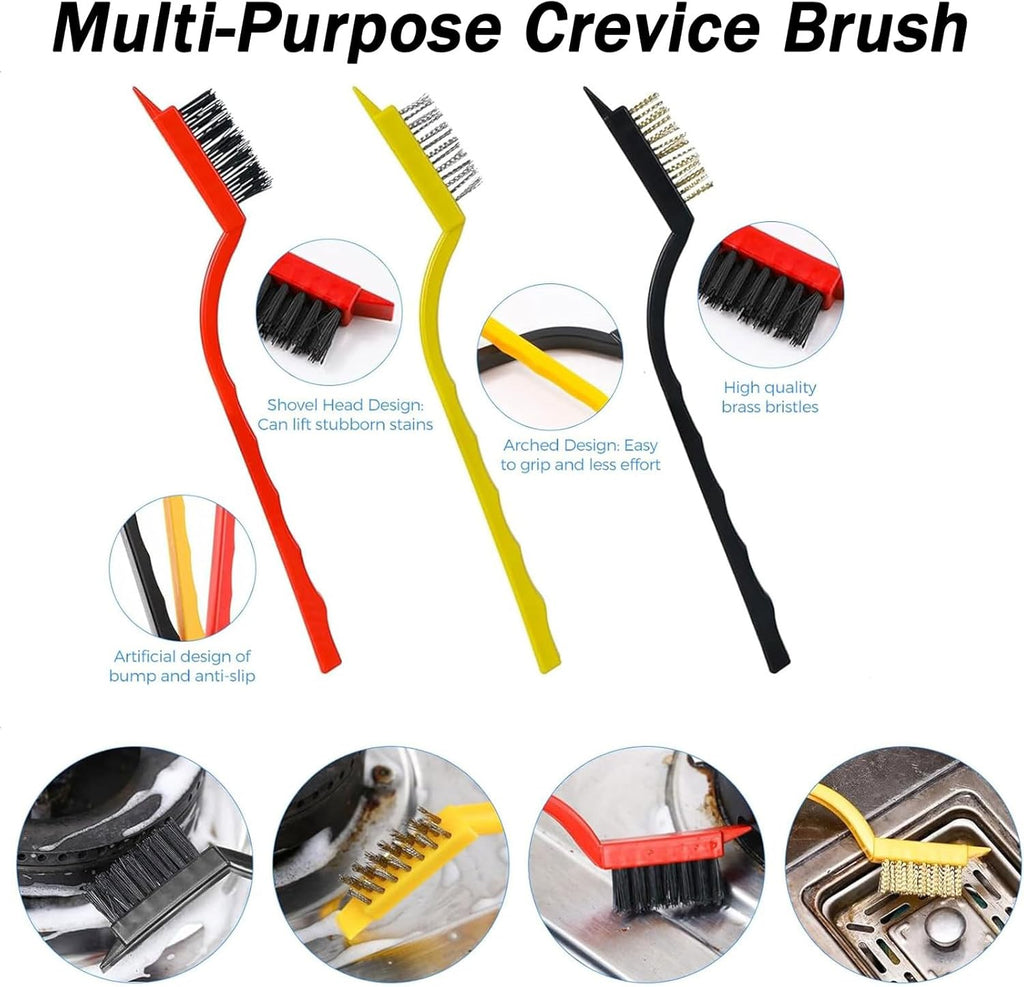 Crevice Cleaning Brush, Nylon, Brass, Small Metal Wire Brush with Curved Handle Grip for Rust, Dirt Paint Cleaning, Paint and Stain (Yellow, Red, Black, 7 Pack)