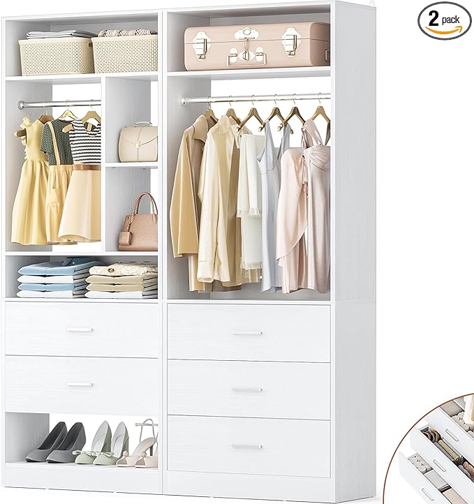 4FT Closet Systems with 5 Wood Drawers, 48 Inch Closet Organizer System with 2 Hanging Rods & 7 Shelves, Heavy Duty 48" Walk-in Closet , White (48"L x 15" W x 80" H)