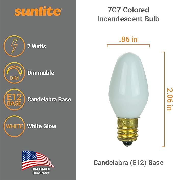 Sunlite 01059 7C7 Incandescent Bulb, 7 Watt, Candelabra E12 Base, C7 Small Night Light, Colored Bulb, White, 12 Count