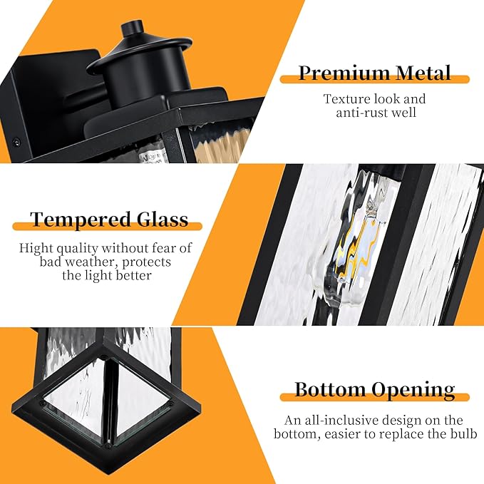 12'' Outdoor Light Fixture 2 Packs, Outdoor Wall Lights Exterior Wall Sconce with Water Ripple Glass, Waterproof Porch Light Lantern Wall Mounted, Modern Black Outside Lights for House Patio Garage