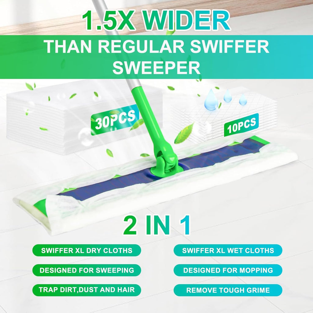 40 Count XL Dry+Wet Mopping Cloths Kit for Swiffer Sweeper XL Mop - Disposable X-Large Mop Pad Refills - Multi-Surface Pads Kit Includes 30 Dry Sweeping Cloths & 10 Wet Mopping Pads for Floor Cleaning