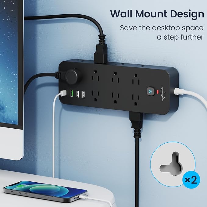 Surge Protector Power Strip with USB Ports, 14 AC Outlets with 4 USB Ports (1 USB C), 5 Feet Cord with Multiple outlets, 1875W/15A, One Touch Switch Button, Wall Mountable for Home, Office-Black