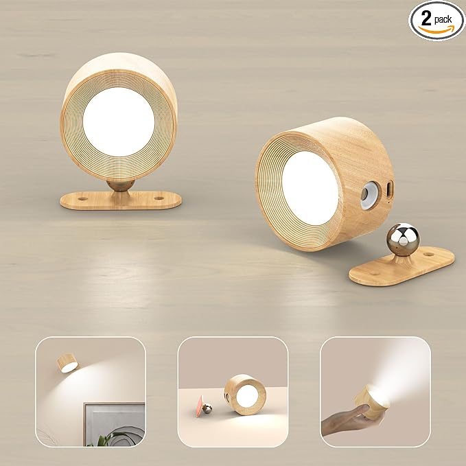 Koopala LED Wall Lamps Set of 2 with Rechargeable Battery Operated, Wall Mounted Lights with 3 Brightness 3 Color Temp Removable Charging 360°Rotate Magnetic, Cordless Wall Sconces for Reading Bedside