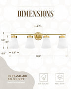 Bathroom Light Fixtures Brushed Gold, HWH 4 Light Vanity Lights Over Mirror, Modern Wall Lamp Bathroom Lighting with Frosted White Striped Glass, 5HZG97B-4W BG