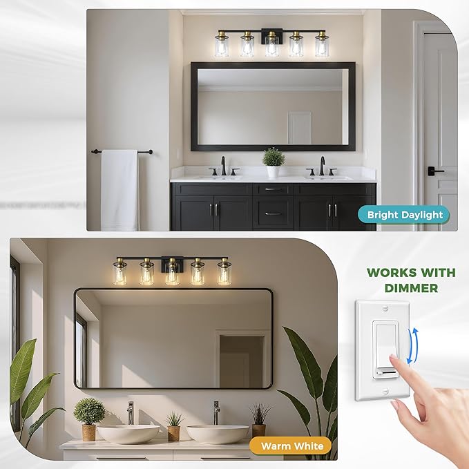 DORESshop Bathroom Light Fixtures, 5-Light Gold and Black Bathroom Lighting Fixtures Over Mirror with Clear Glass Shade, Vanity Lights for Hallway Living Room Bedroom