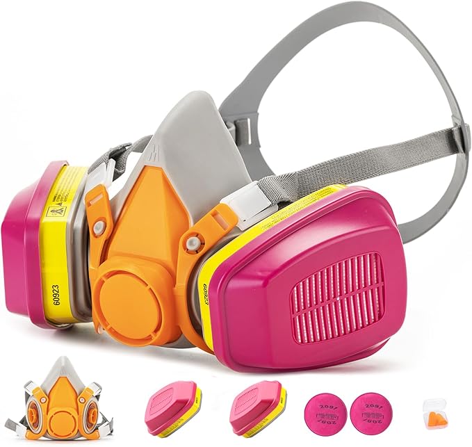 RANKSING Respirator Mask with Filters and Glasses to Against Dust Gases Fumes in Painting Spraying Sanding Orange/Pink
