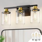 DORESshop 17 Inch Bathroom Light Fixtures, 3-Light Black and Gold Bathroom Lighting Fixtures Over Mirror with Glass Shade, Modern Vanity Lights for Hallway Bedroom, Includes Bulbs
