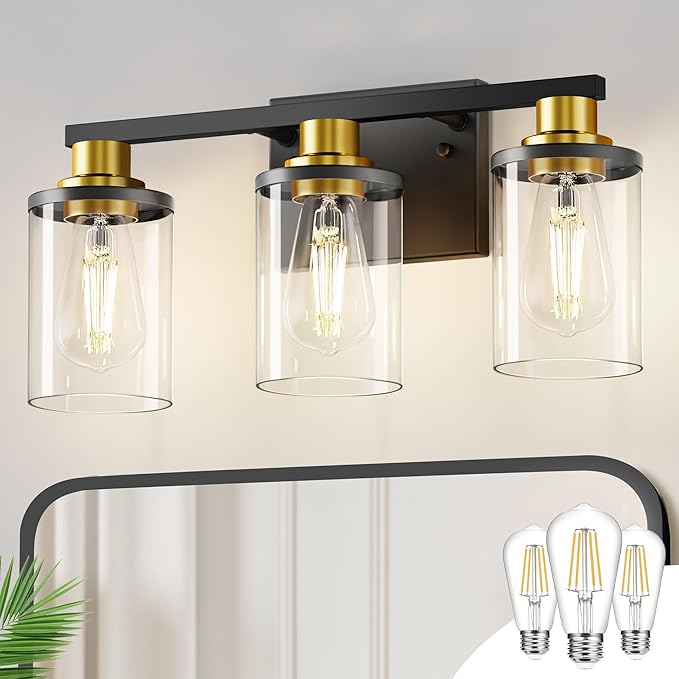 DORESshop 17 Inch Bathroom Light Fixtures, 3-Light Black and Gold Bathroom Lighting Fixtures Over Mirror with Glass Shade, Modern Vanity Lights for Hallway Bedroom, Includes Bulbs