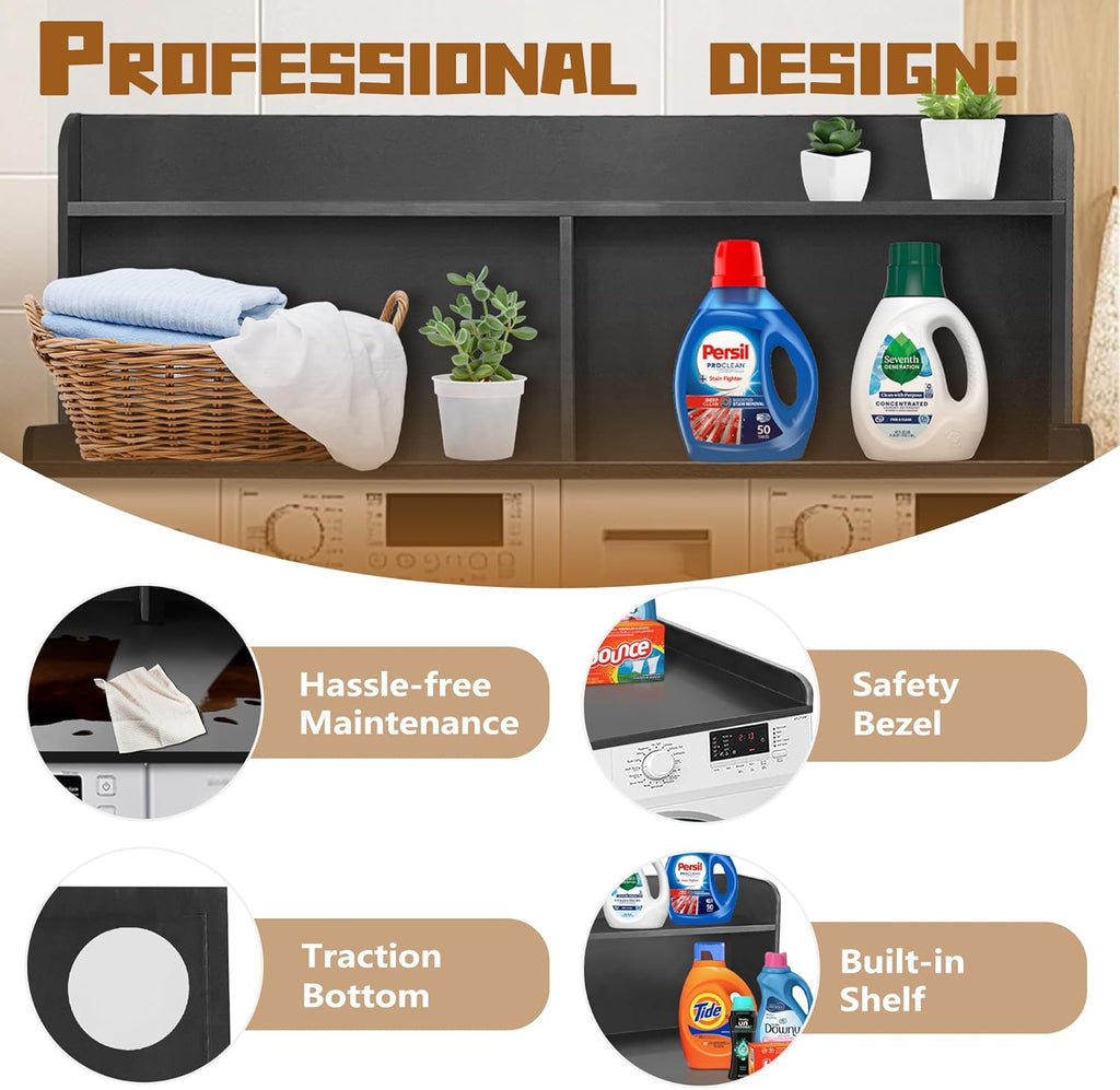 Royxen 2-Tier Washer Dryer Countertop,19.5"H Wood Washer and Dryer Topper with Storage Shelf,Laundry Countertop Over Washer Machine, Universal Fit for Laundry Room Organization (Black, 54"W X 27.5"D)