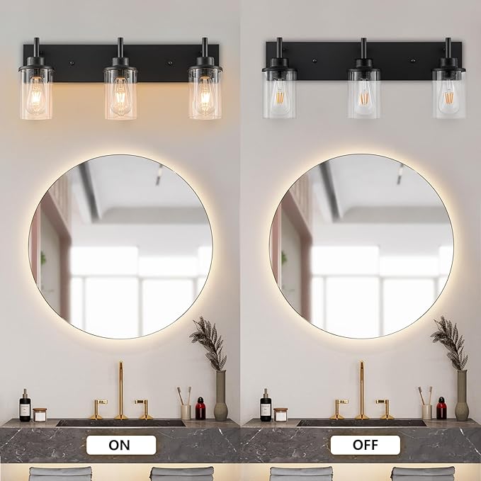GoYeel Vanity Lighting Fixtures, Matte Black Bathroom Light Fixtures 3-Light Black Wall Sconce with Clear Glass Lampshade for Bedroom Hallway Living Room Kitchen