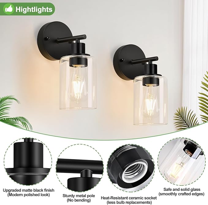Set of 2 Wall Sconces for Bathroom,Black Modern Vanity Lights with Clear Glass Shade,Bathroom Wall Lamp for Mirror Kitchen Living Room Hallway Cabinet Porch