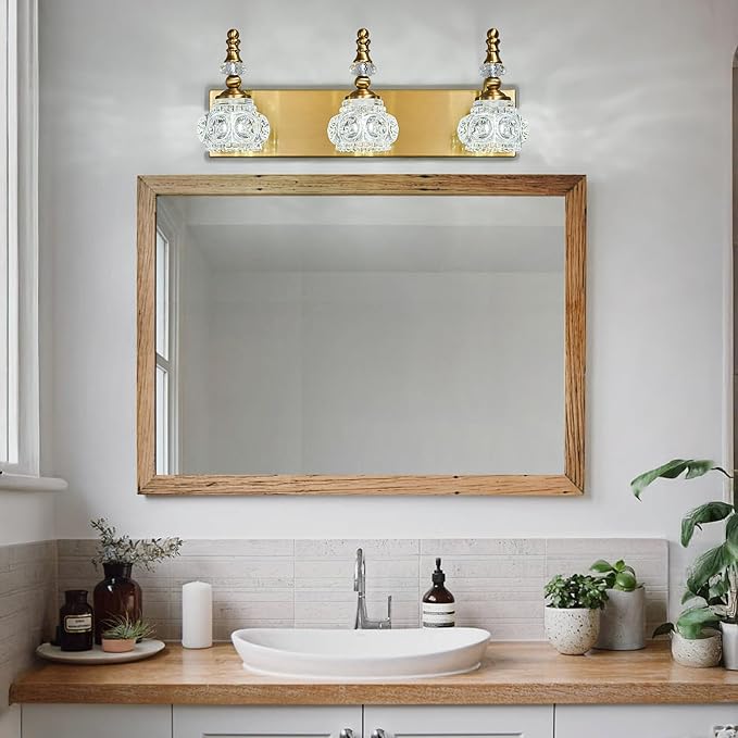 Modern Glass Crystal Vanity Light - Vintage Bathroom Lighting Fixtures Over Mirror, 3 Light Vanity Lights G9 Bulb (19.68 Inch, Gold)