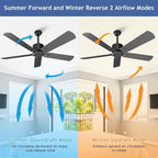 52 Inch Ceiling Fan No Light - Outdoor Indoor Flush Mount Low Profile DC Motor Fan with Remote and APP, 5 Blades Reversible Silent Fan for Patio, Bedroom, Living Room, Garage