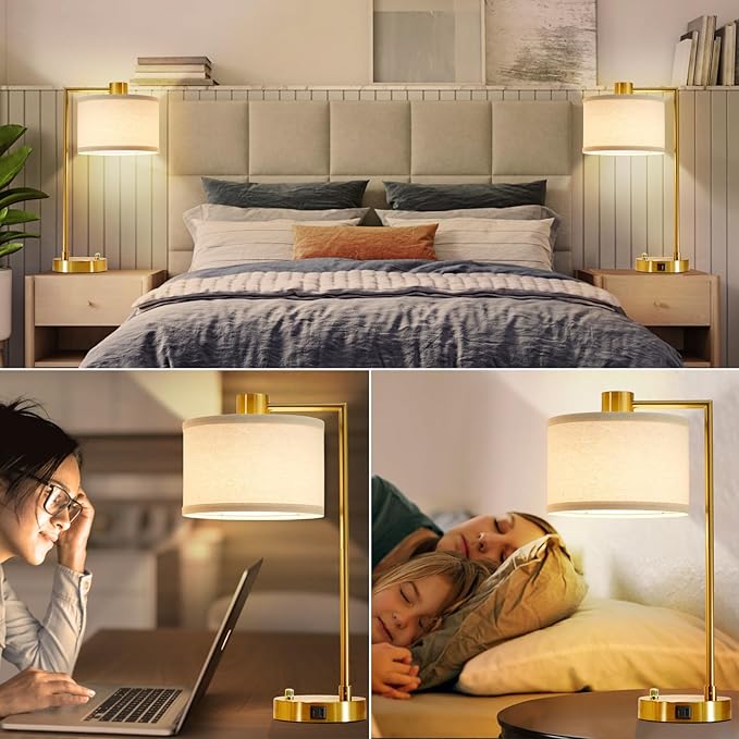 Luvkczc Table Lamp for Bedroom Set of 2 with USB C+A Ports, Fully Stepless Dimmable Bedside Lamp with Linen Lampshade, Nightstand Lamp for Living Room Reading Office, 2 LED Bulbs Included (Gold)