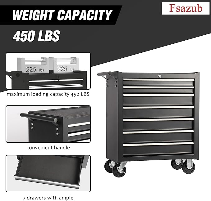 7 Drawers Rolling Tool Cart on Wheels, Multifunctional Metal Tool Storage Cabinet, Lock Tool Trolley Organizer Drawers Tool Box Tool Chest for Garage, Warehouse, Workshop, Repair Shop (BLACK)