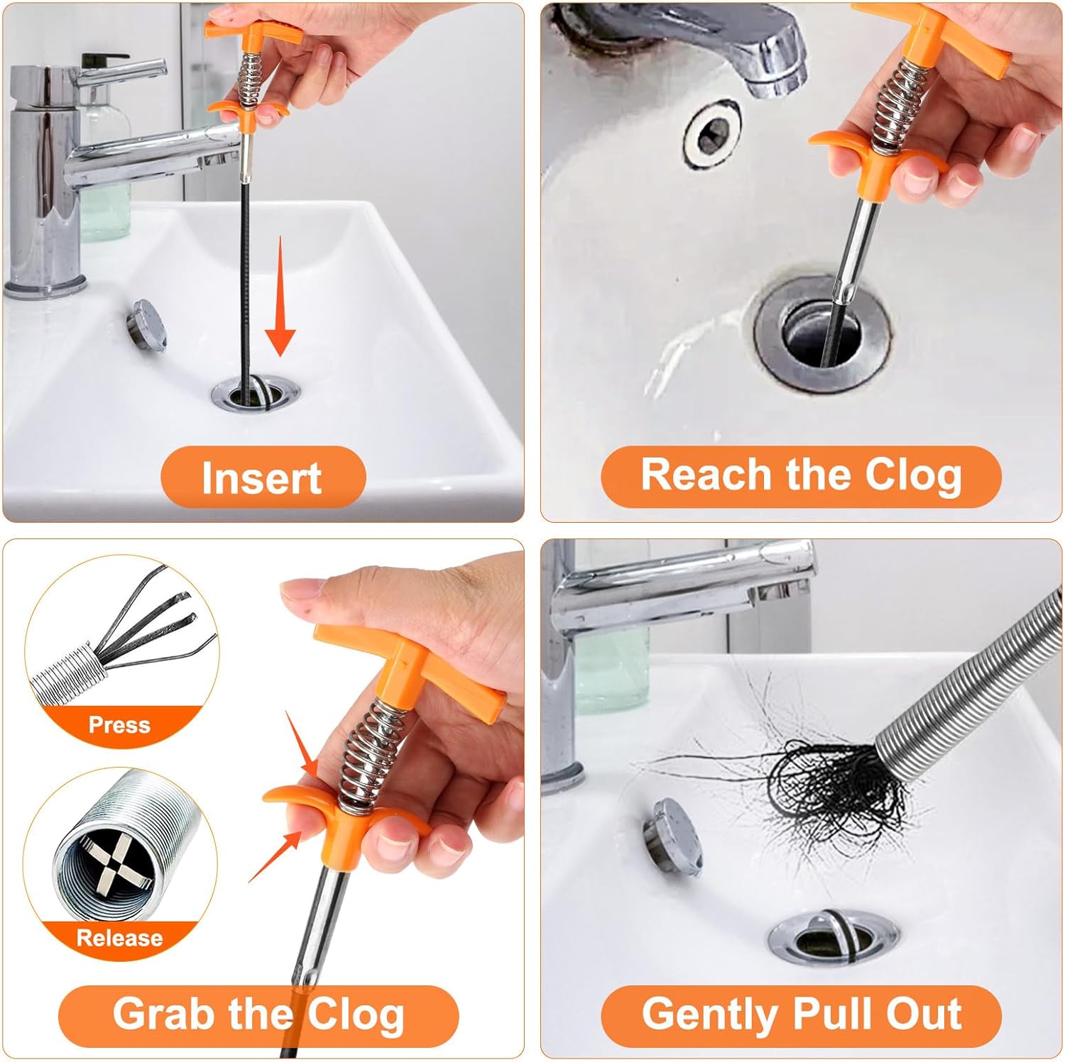 Drain Snake Tool Set, 61in Flexible Grabber Tool 1 Pcs, Hair Drain Clog Remover 2 Pcs, Cleaner Brush Tool 2 Pcs, Spring Unclogger (1 Pcs) for Toilet Sink Sewer Bathroom Tub Clogged, Car, Fridge