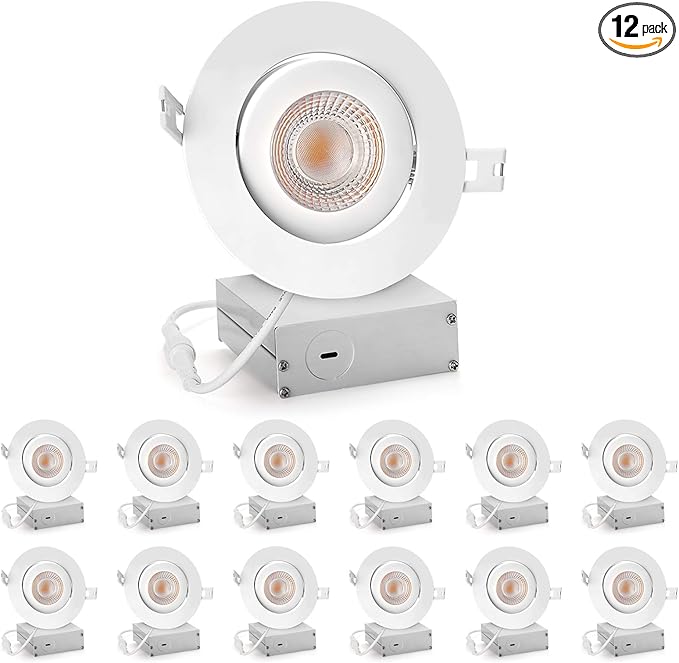 4 Inch Led Recessed lights Ultra-Thin Adjustable Eyeball Gimbal LED Recessed Lighting with Junction Box 9 Watts 750Lm Dimmable ceiling light ETL Listed (2700K/3000K/3500K/4000K/5000K Option 12Pack)