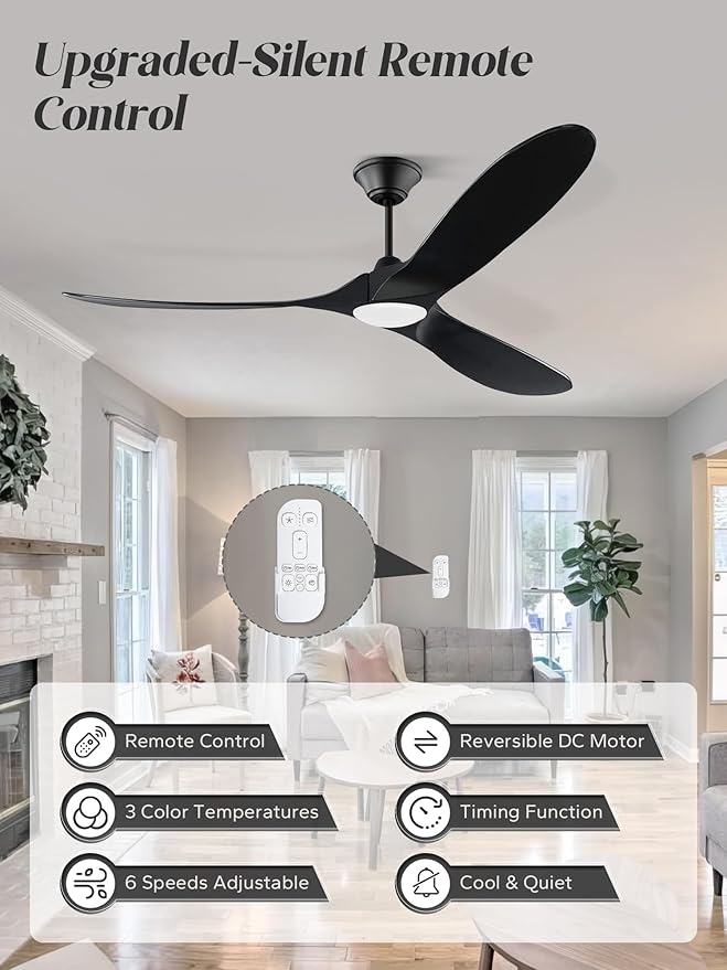 60 inch Outdoor Ceiling Fan for Patios with Light, Black Ceiling Fan with Light, Large Airflow 3 Reversible Solid Wood Blades, DC Motor, Damp Rated Ceiling Fans for Famhouse Exterior Porch