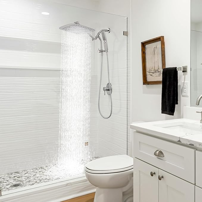 G-Promise All Metal 14 Inch Shower Head with Massage Mode Handheld, Rain Shower Head with Handheld Spray Combo, 3-Way Diverter with Pause Setting, 12 Inch Adjustable Extension Arm (Brushed Nickel)