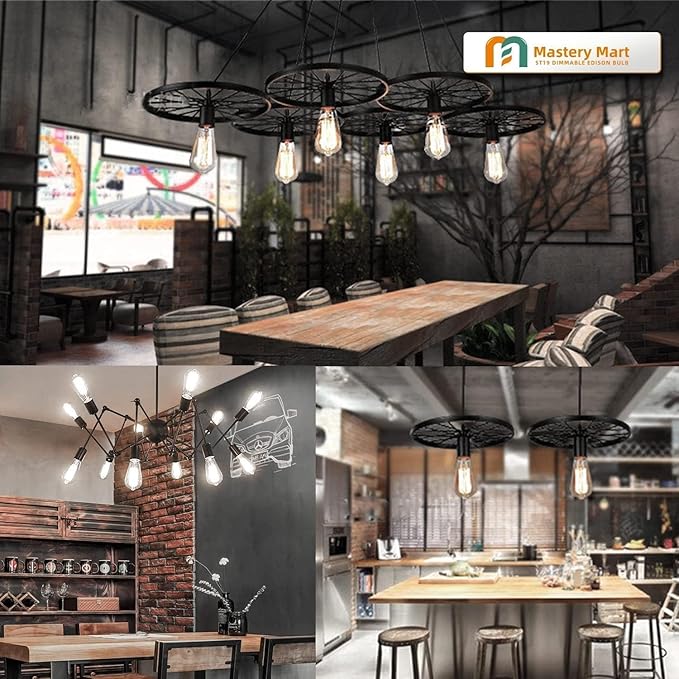 MASTERY MART 6 Pack Vintage Edison Bulbs, E26 Led Bulb 5.5W Equivalent to 60W, Dimmable, 4000K Cool White, High Brightness Antique ST19, Clear Glass