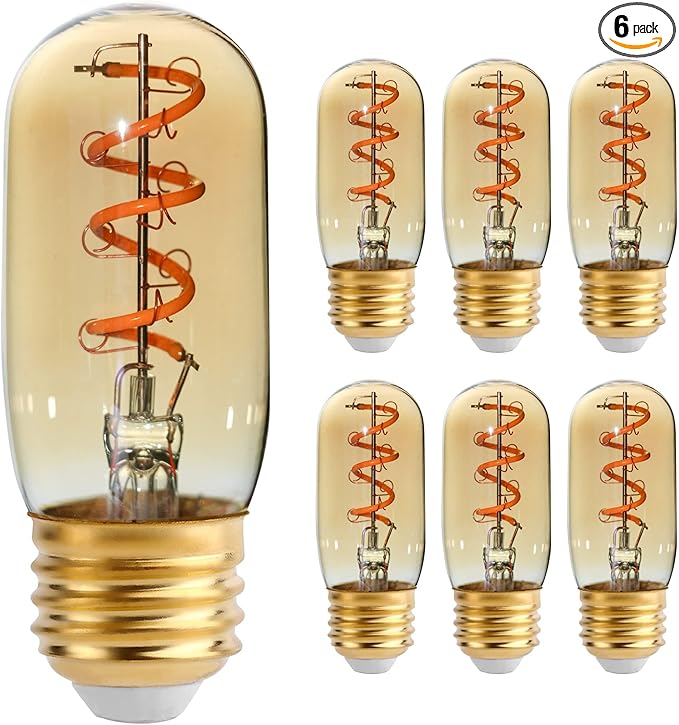 6 Pack T32 /T12 Dimmable Tubular LED Bulb 4W Equals 40W Warm Amber Glass E26 Base Edison Bulb for Chandeliers, Wall sconces, Table Lamps, cafes Indoor Lighting fixtures.