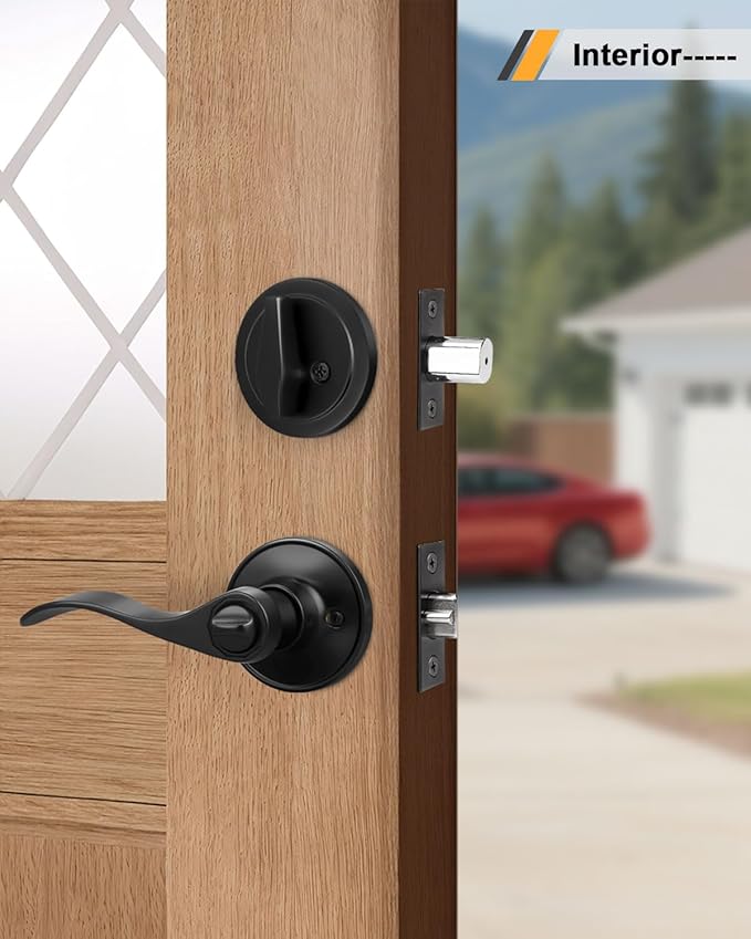 Gobrico 2 Pack Exterior Door Lever Lockset with Single Cylinder Deadbolt Black Door Handle with Deadbolt Lock Set Keyed Alike, Matte Black Finished