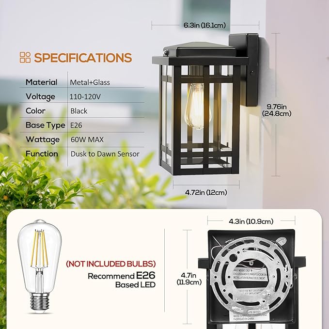 2 Packs Dusk to Dawn Outdoor Wall Lighting 9.76'', Exterior Light Fixture Wall Mount for House Front Porch Light, Black Anti-Rust Modern Outdoor Lantern with Tempered Glass Shade for Garage