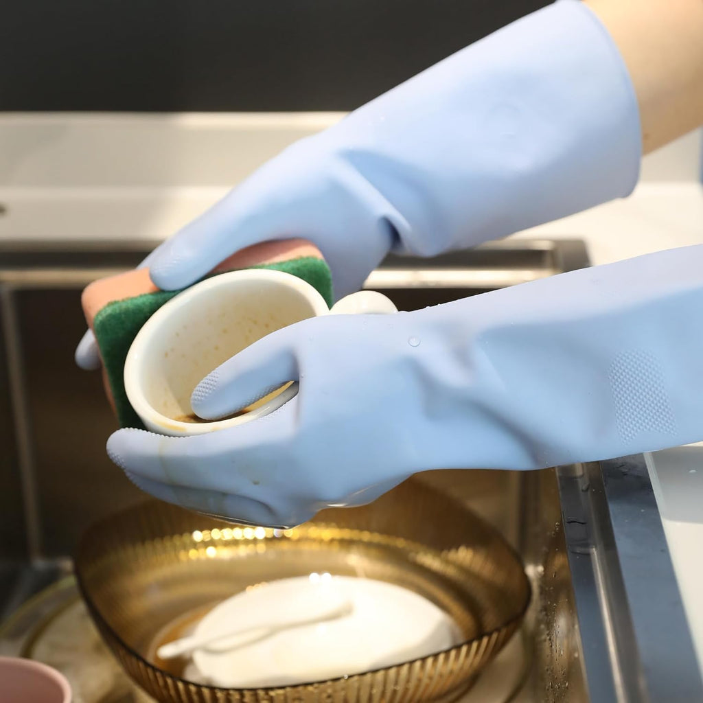 COOLJOB 2 Pairs Thickened Rubber Gloves with Cotton Lining & Non-slip Grip, Colorful Household Long Lasting Dishwashing Gloves for Kitchen & Bathroom Cleaning, Orange & Blue, Medium