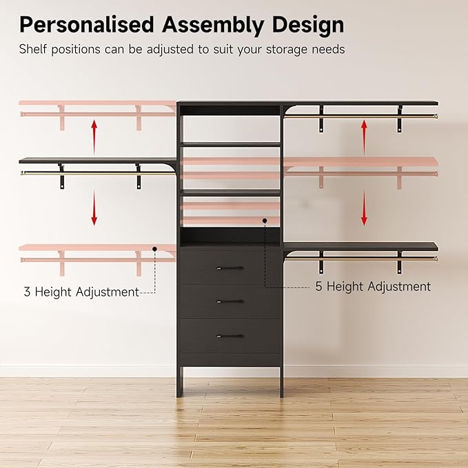8FT Closet System, 96'' Closet Organizer System with 3 Hanging Rods, Wall Mount Bedroom Wardrobe with 3 Drawers Walk-in Closet, Adjustable Cloth Garment Rack from 5 to 8FT (Cut to Fit), Black