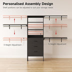 8FT Closet System, 96'' Closet Organizer System with 3 Hanging Rods, Wall Mount Bedroom Wardrobe with 3 Drawers Walk-in Closet, Adjustable Cloth Garment Rack from 5 to 8FT (Cut to Fit), Black