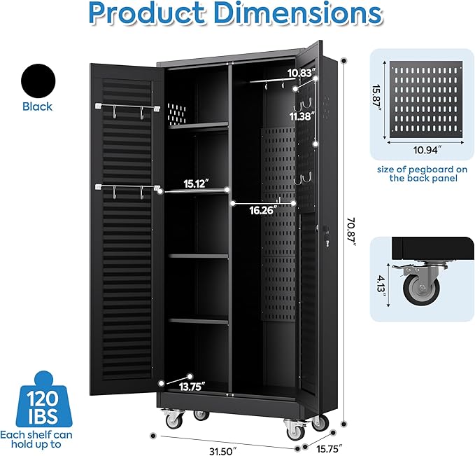 Garage Storage Cabinet with Wheels and 4 Shelves, Metal Broom Closet Storage Cabinet with Hanging Rod, Pegboard and 13 Hooks for Garage Home, Black, Assembly Required