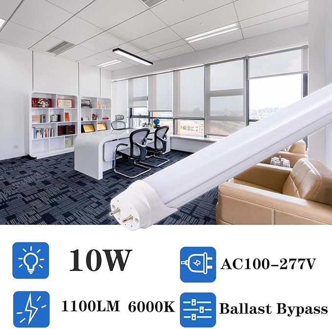 6pcs 2FT 10W T8 Tube Light White Daylight 6000k T8 LED Bulbs Household Lights Ballast Bypass G13 Base 2 Foot Milky Cover Fluorescent Tube lamp Replacement AC100-277V(2ft 10w, 6 Pack)