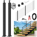 36" Expandable 2-8FT Black T304 Cable Railing Post Kit, Complete Cable Railing System with 2 Stair Posts, 98ft 1/8" Wire Rope(No Handrail), Adjustable Length Easy DIY for 25-35°Stairway