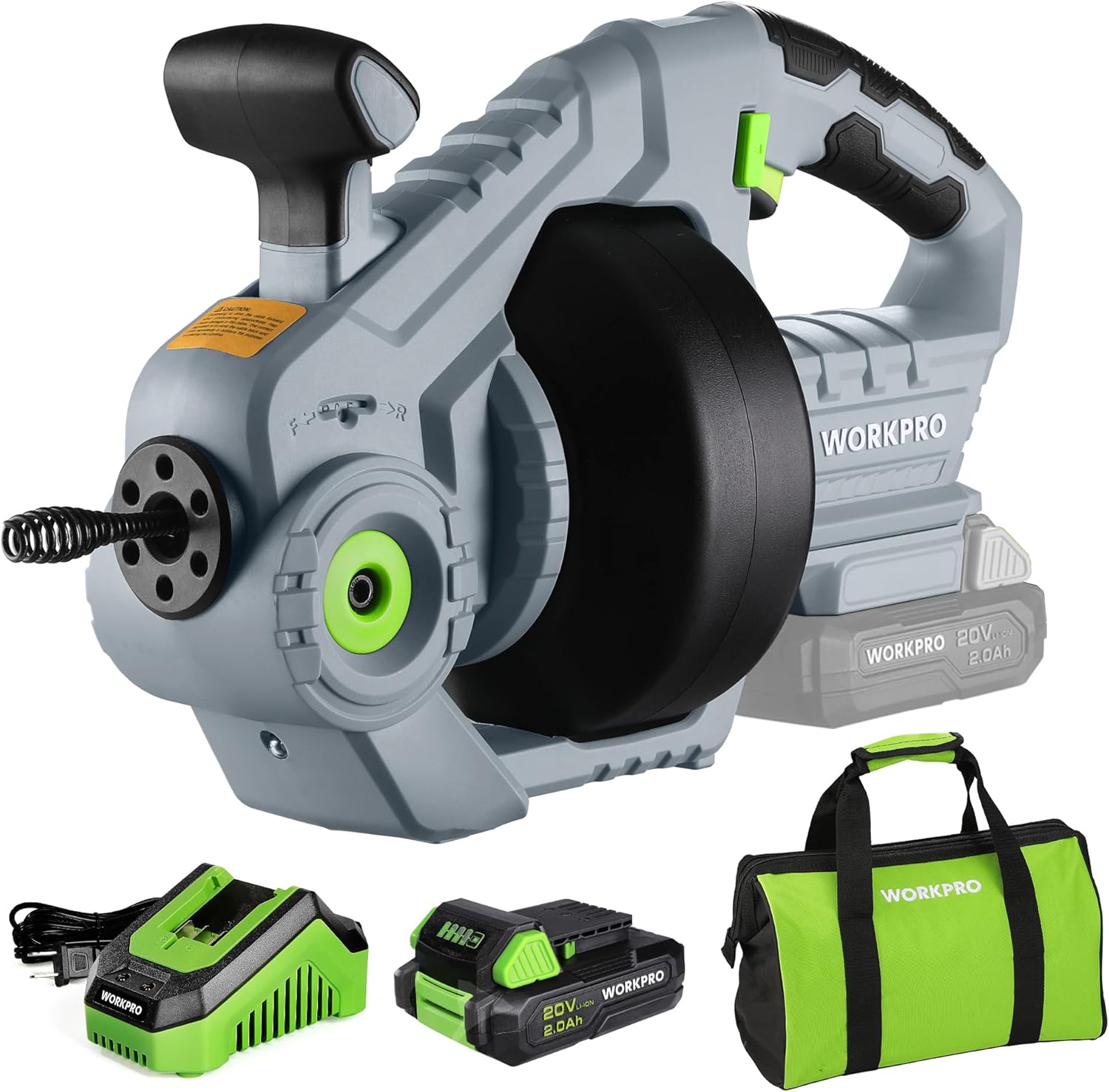 WORKPRO 20V Electric Drain Auger, 25Ft Plumbing Snake Drain Hair Removal Tool Set with 2.0AH Battery and Charger, Toilet Snake for Sewer, Bathroom, Sink, Drain Snake 3/4"-2" Pipe