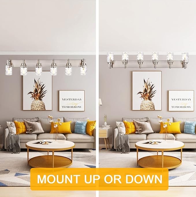 BONLICHT Mid-Century Bathroom Vanity Wall Light with Clear Water Glass, Farmhouse 6 Light Bath Lighting Over Mirror Modern Brushed Nickel Sconce Wall Lamp for Dining Room Dressing Table Vanity Table