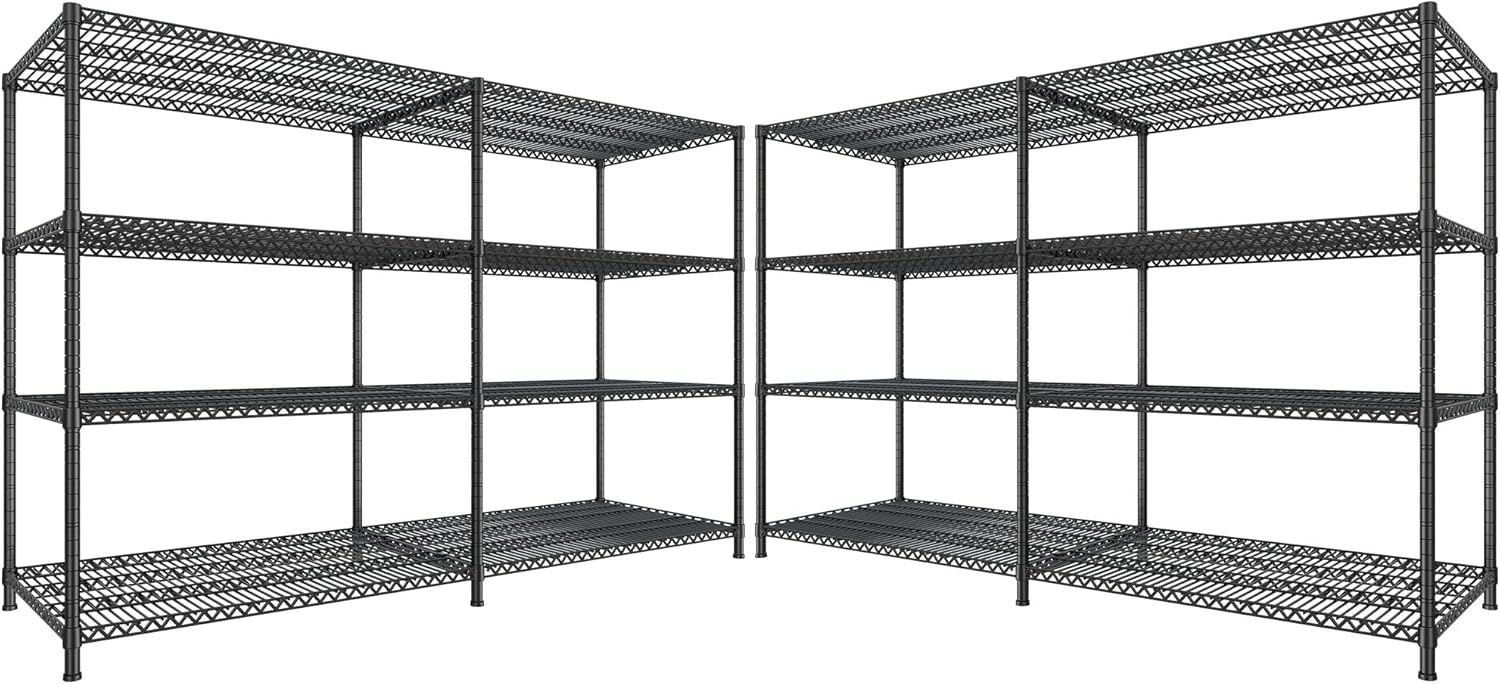 REIBII 81.5''W Storage Shelves 3680LBS Garage Shelving Heavy Duty 4 Tier Metal Shelving Unit Adjustable Wire Shelf and Storage Pantry Shelves for Kitchen Garage, 81.5Wx23.62Dx70.86H，Black, 2PCS