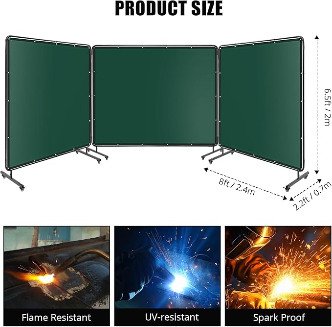 3-Panel 8x6ft Flame-Resistant Welding Screen with Lockable Wheels - Transparent PVC Welding Curtain & Steel Frame, Green Safety Partition for Workshops/Garages