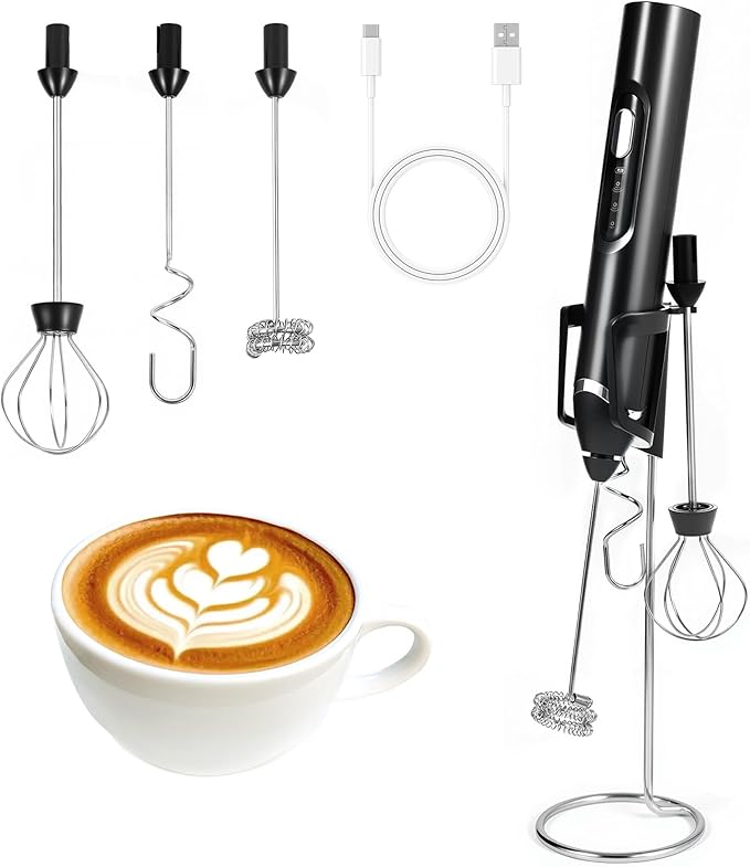 Milk Frother Handheld with Stand,Rechargeable Coffee Frother Wand with 3 Detachable Stainless Steel Whisk Heads, Hand Electric Mixer for Latte, Cappuccino,Matcha,Protein（Black）