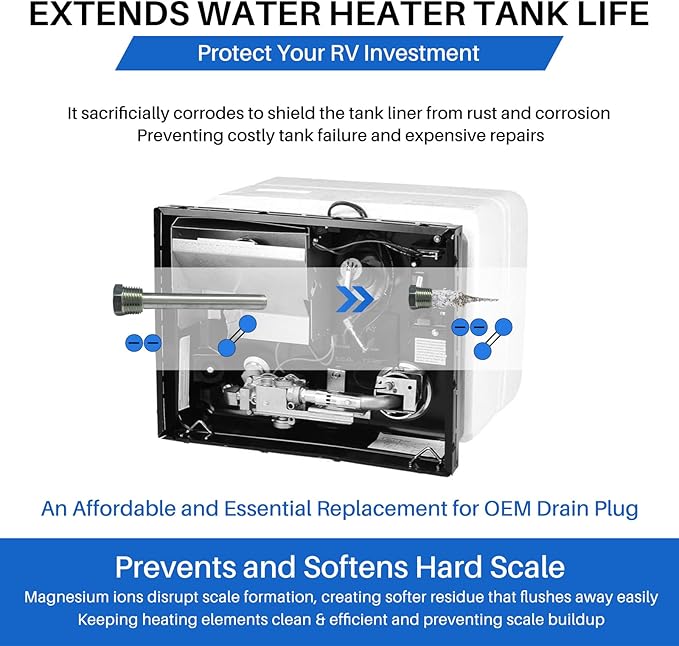 4.5" x 1/2" NPT RV Water Heater Anode Rod Replacement for Atwood 91857 Tank Drain Plug, 2 Pcs, Rust-Resistant Hex Head, Soften Hard Scale and Keep Heating Element Clean & Efficient