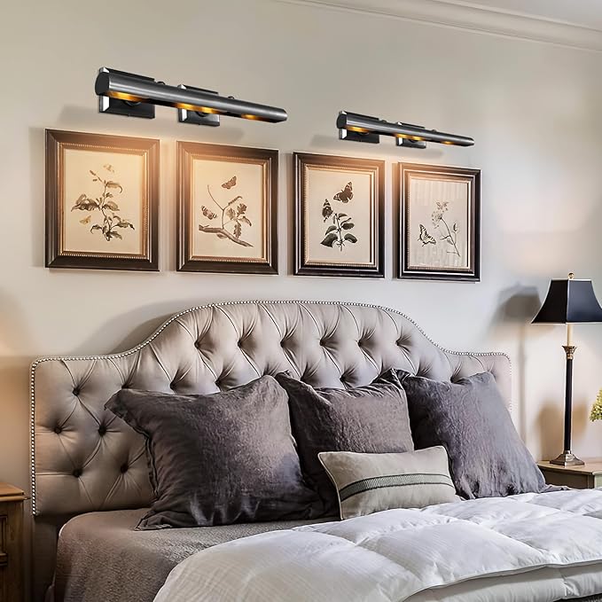 Picture Light, 24in Hardwired Picture Lights for Wall, Dimmable Poster Paintings Frames Light, Brass 4 Lighting Wall Sconces for Art Display Gallery Bathroom Living-Included Bulbs(Black)