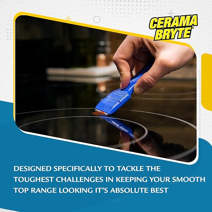 Cerama Bryte Glass Cooktop and Stove Top Cleaner Combo Kit - Includes Cleaning Tool, Razor, Scraper and 1 Pad to Remove Tough Stains - Use on Gas, Electric, Ceramic Surfaces, 18 Ounces, 4 Piece