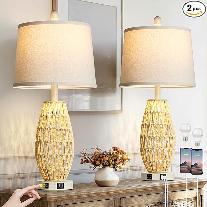 27“ Beige Rattan Table Lamps with Night Light, Boho Bedside Lamps Set of 2, Woven Wicker Bedroom Lamp for Nightstand with USB A+C Charging Port & AC Outlet, Tall Coastal Living Room Lamp