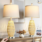 27“ Beige Rattan Table Lamps with Night Light, Boho Bedside Lamps Set of 2, Woven Wicker Bedroom Lamp for Nightstand with USB A+C Charging Port & AC Outlet, Tall Coastal Living Room Lamp